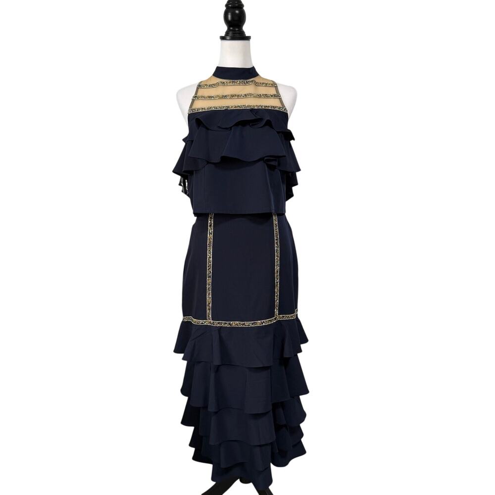 Gracia Women's Navy Ruffled Embellished 2 Piece Top Skirt Set Size Medium